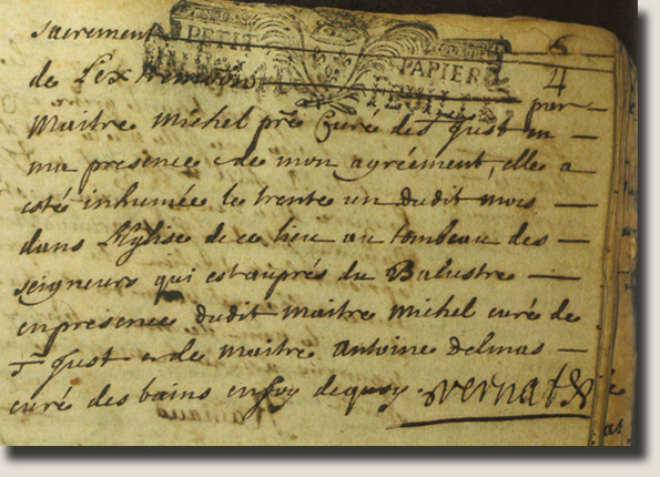 Het oude kerkregister uit 1694 met de beruchte passage over de Tombeau des Seigneurs