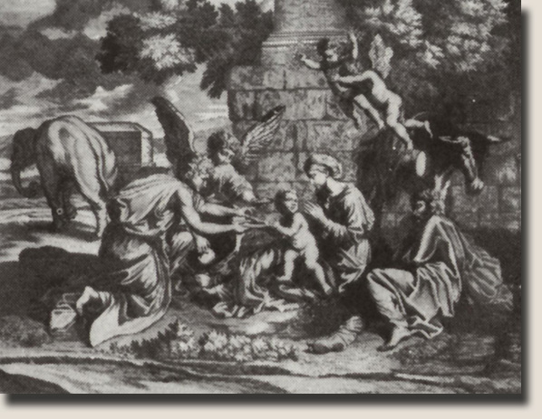 De gravure van een onbekende kunstenaar naar een orgineel werk Le Repos Pendant la Fuite en Egypte à l'Eléphant van Nicolas Poussin