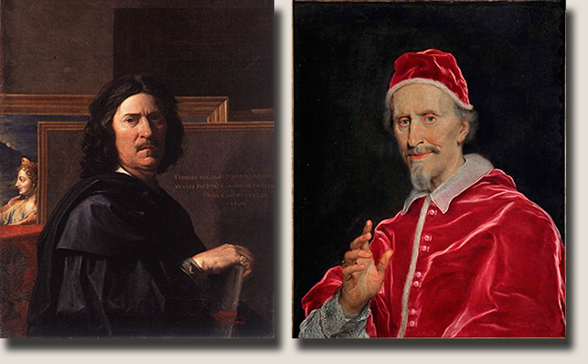 Le Peintre français Nicolas Poussin et le cardinal italien Giulio Rospigliosi. Rospigliosi était le commanditaire de Poussin pour les deux tableaux.

