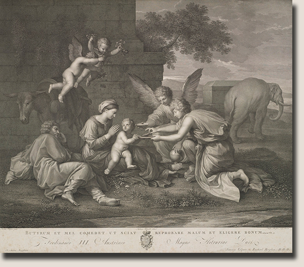 De gravure van de Italiaanse kunstenaar Raffaello Morghen naar het voorbeeld van het spoorloze schilderij van Nicolas Poussin