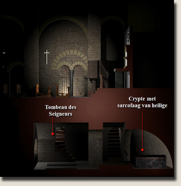 CGI-voorstelling van de Tombeau des Seigneurs en de crypte met sarcofaag onder de kerk van Rennes-le-Château